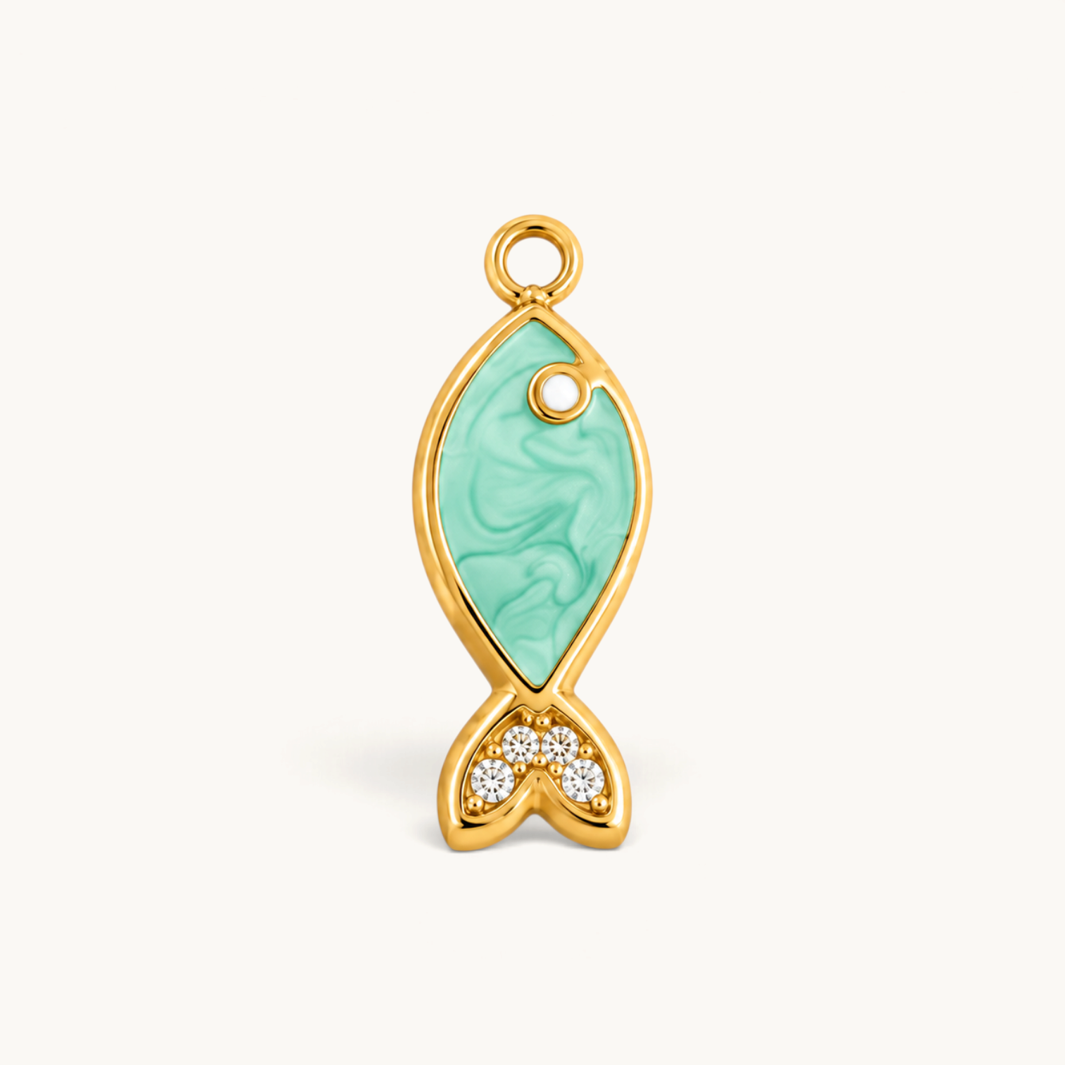 Nadare Co. gold-plated fish charm with teal enamel inlay and cubic zirconia tail detail on a white background.