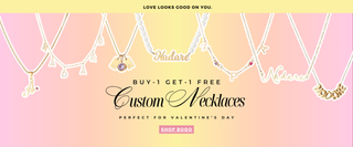 Promotional banner for custom necklaces with a pink and yellow gradient background.
