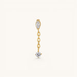 Nadare Co. Aria threadless earring front featuring a marquise-cut and round cubic zirconia connected by a gold chain.