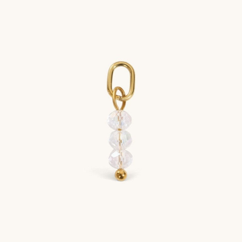 Nadare Co. birth month bead charm featuring three clear faceted beads and a gold jump ring for necklace stacking.