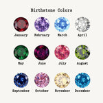 Nadare Co. Initial & Birthstone Necklace chart displaying twelve circular faceted birthstones for each month