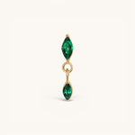 Nadare Co. Camille threadless earring front with two marquise-cut green cubic zirconia stones in gold setting.