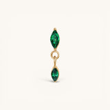 Nadare Co. Camille threadless earring front with two marquise-cut green cubic zirconia stones in gold setting.