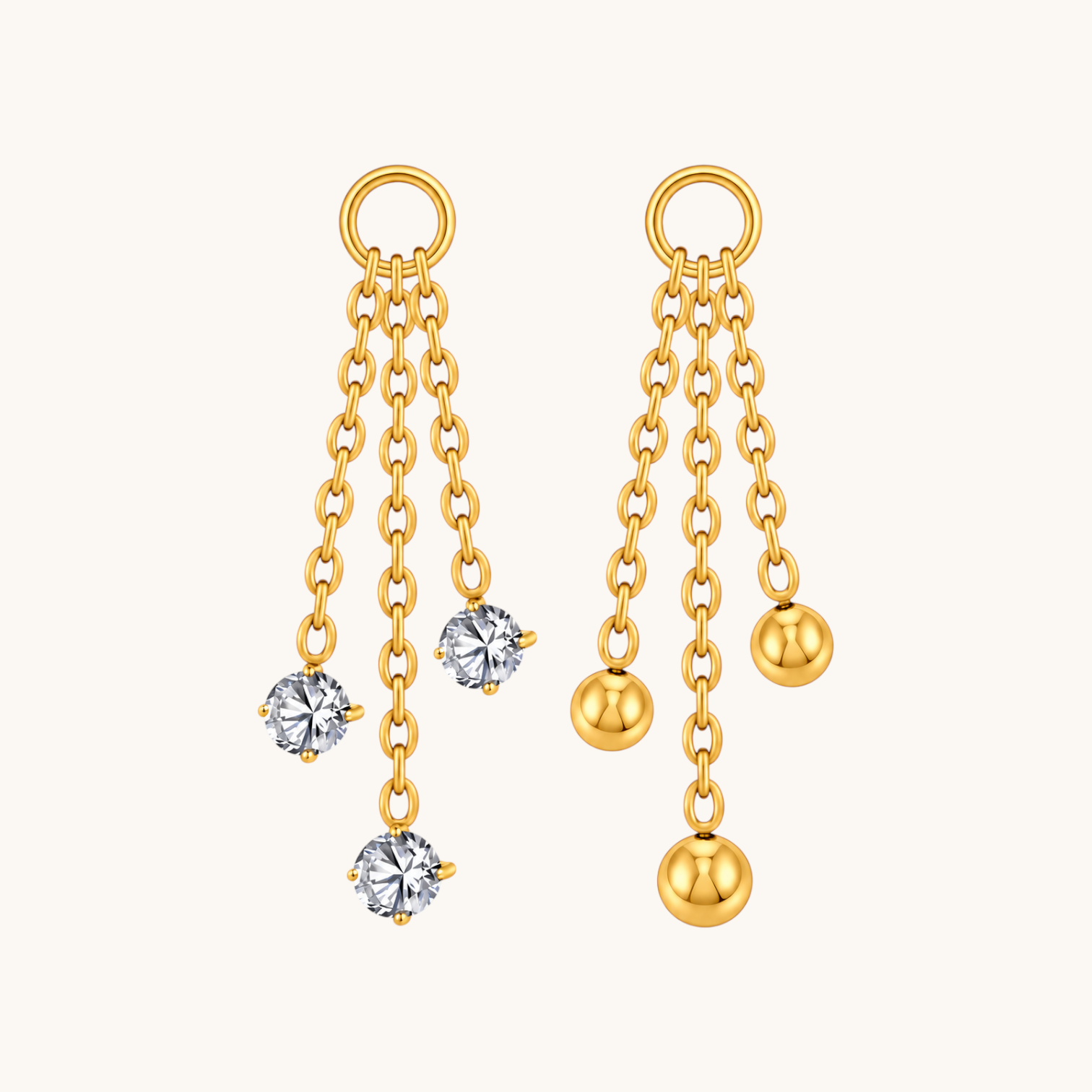 Nadare Co. Cascade Ear Charm featuring three gold chains with sparkling crystals and polished gold beads