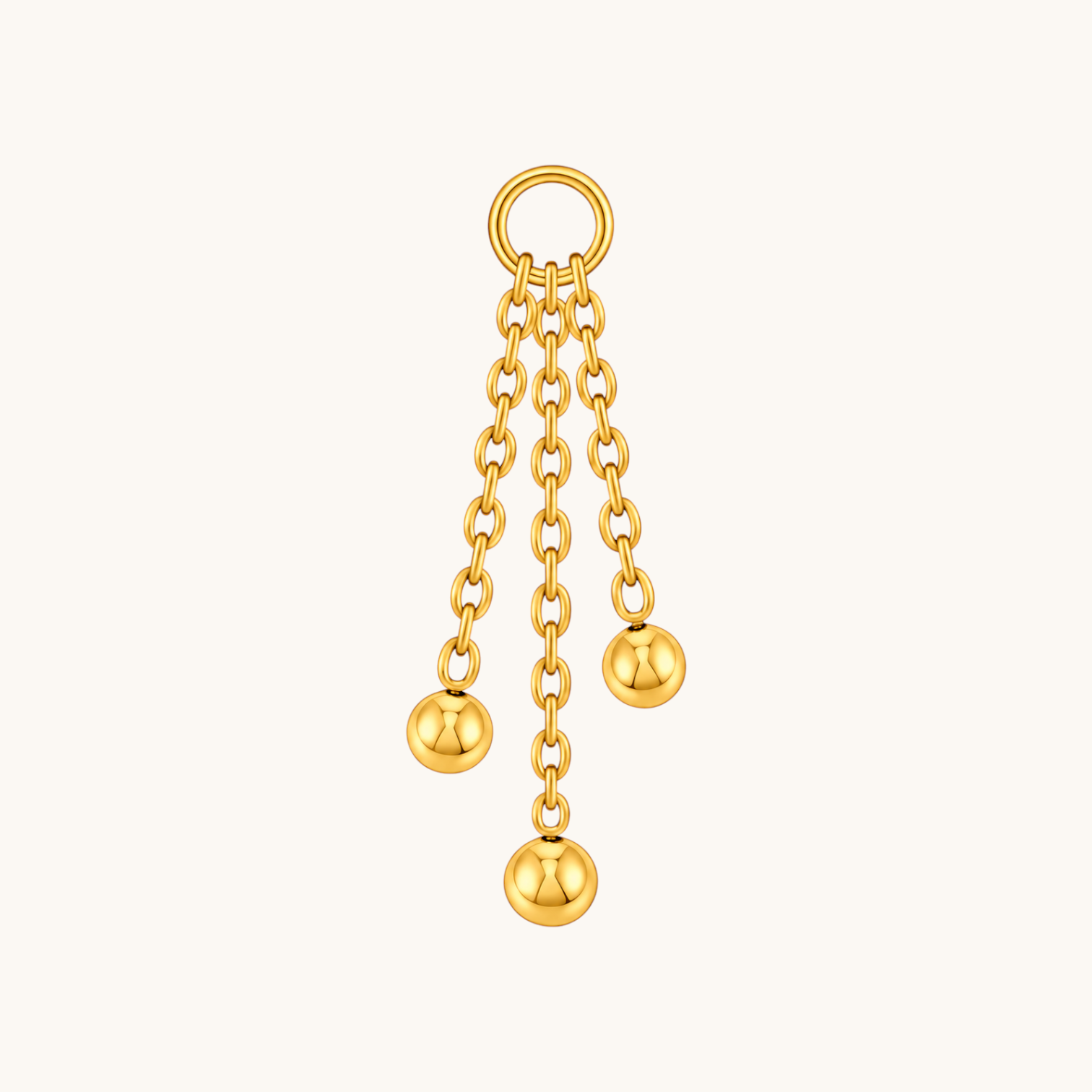 Nadare Co. Cascade gold ear charm featuring three staggered chains with polished bead ends for hoop earrings.