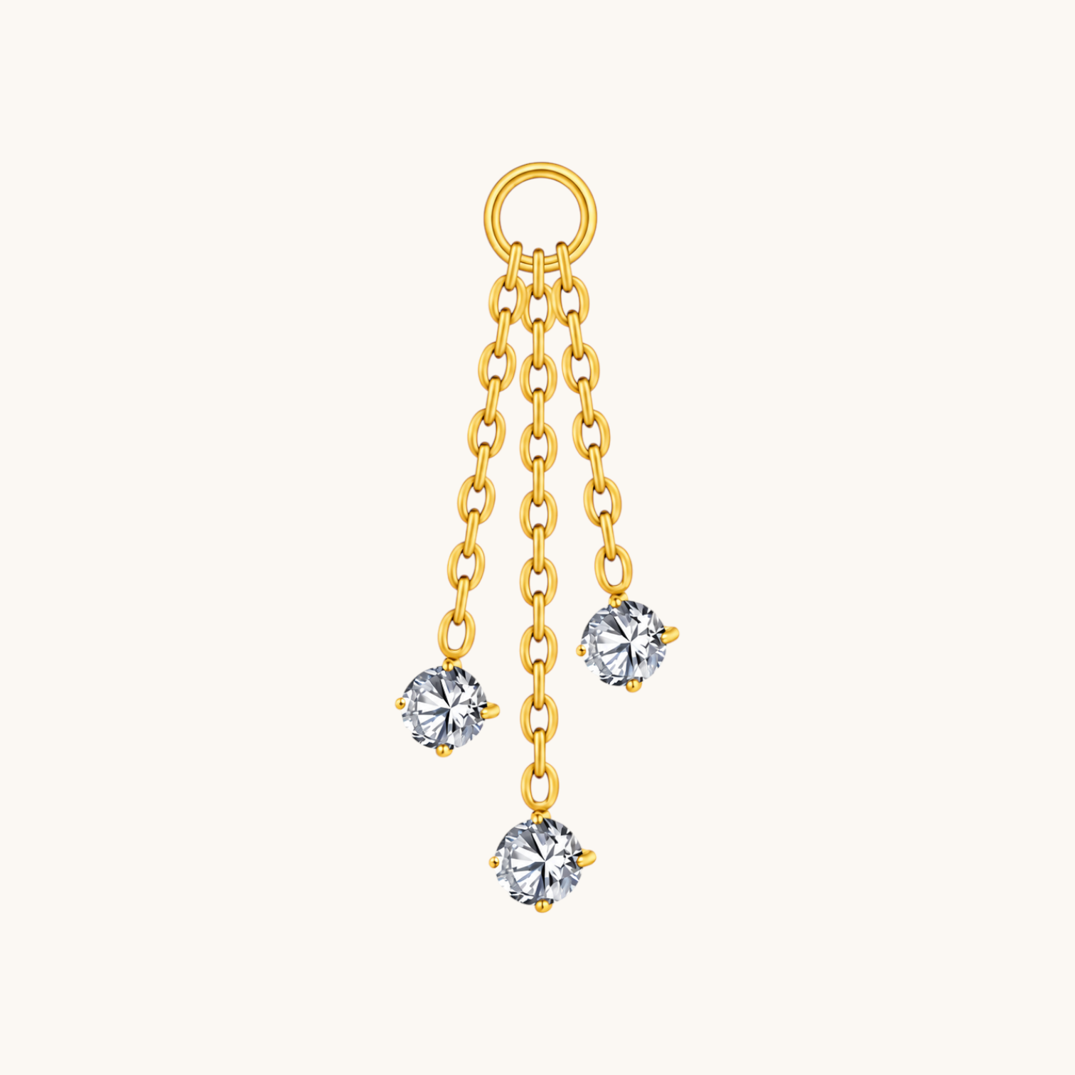 Nadare Co. gold Cascade ear charm featuring three staggered chains with sparkling crystal accents