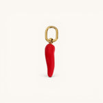Nadare Co. chili pepper charm in vibrant red enamel with a polished gold-tone metal loop for necklaces or bracelets.