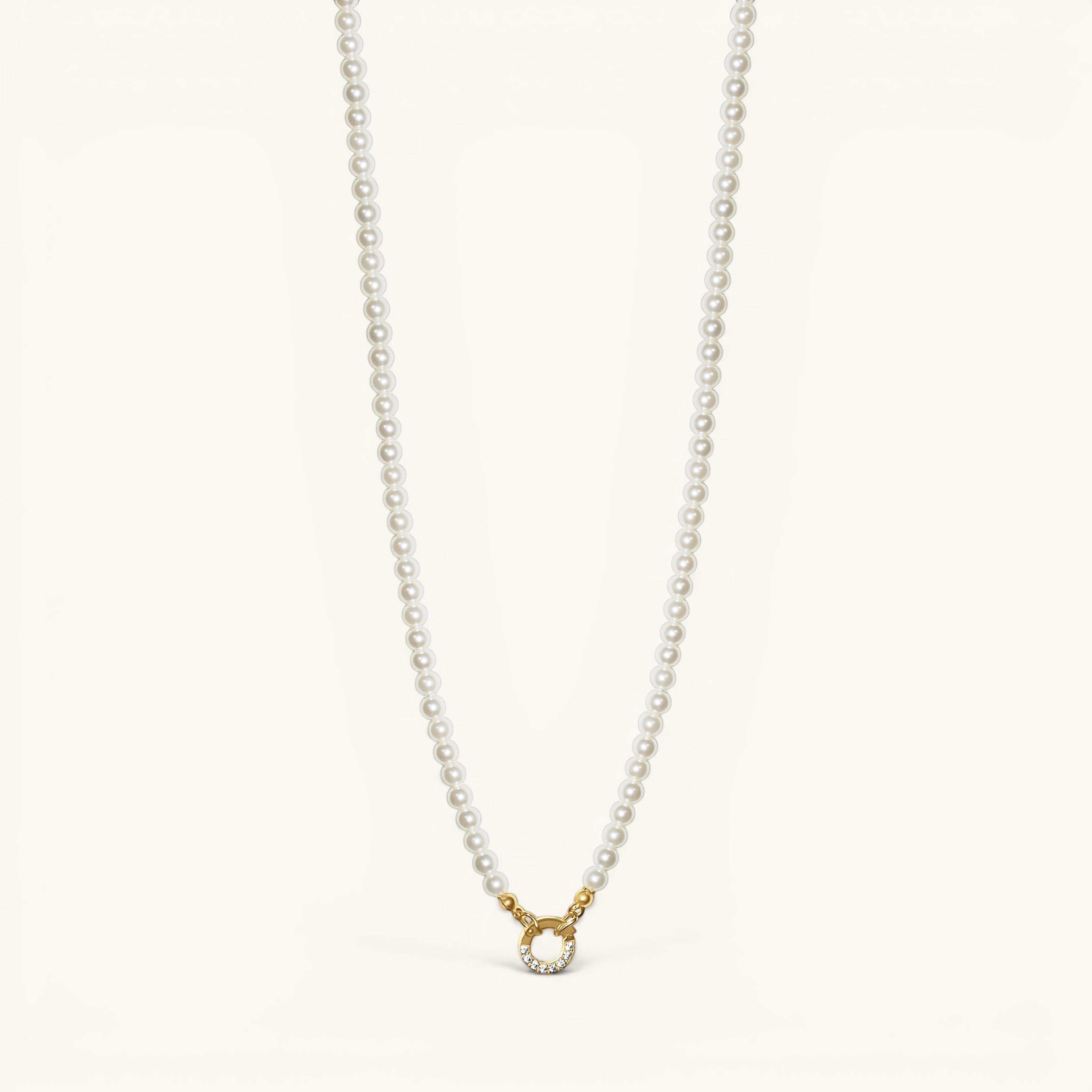 Nadare Co. Classic Pearl Chain featuring round imitation pearls and a gold-tone clasp with crystal accents.