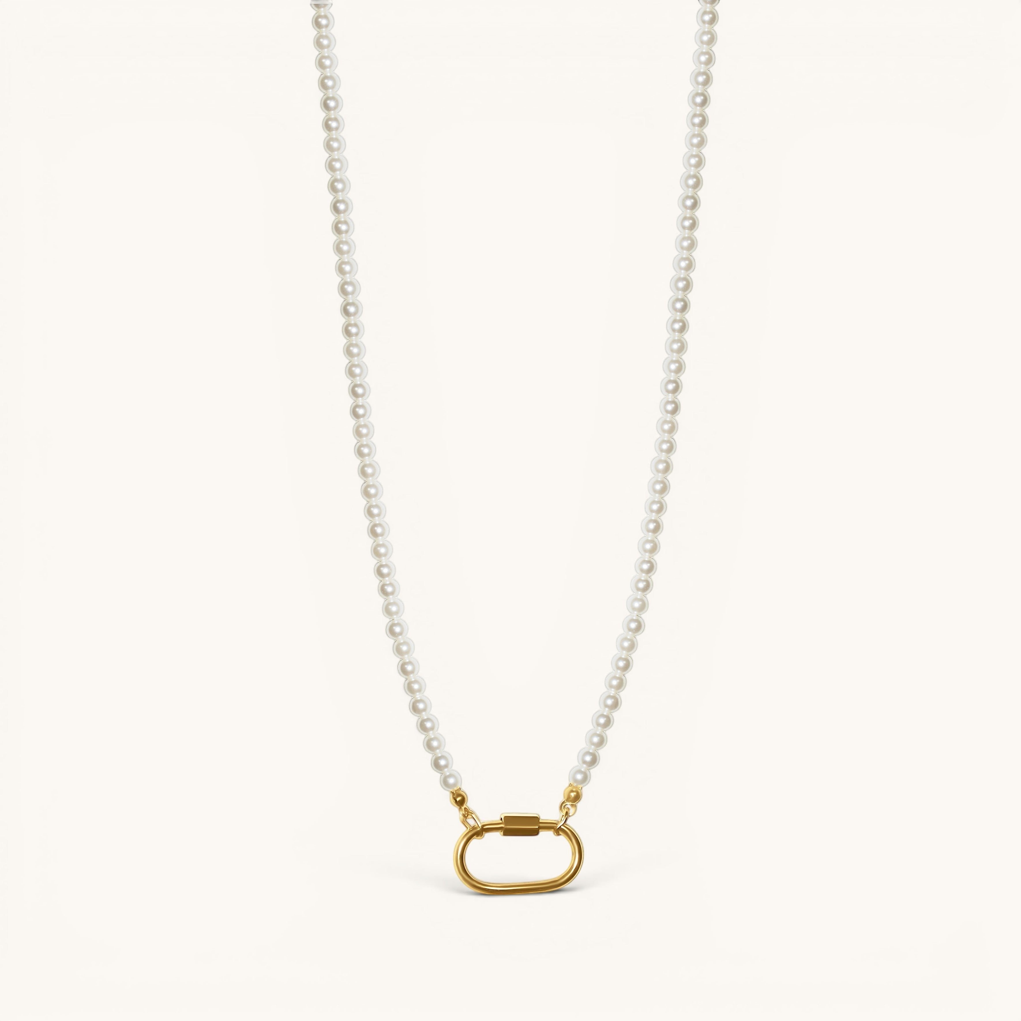 Nadare Co. Classic Pearl Chain featuring round white imitation pearls and a gold-tone oval clasp charm connector.