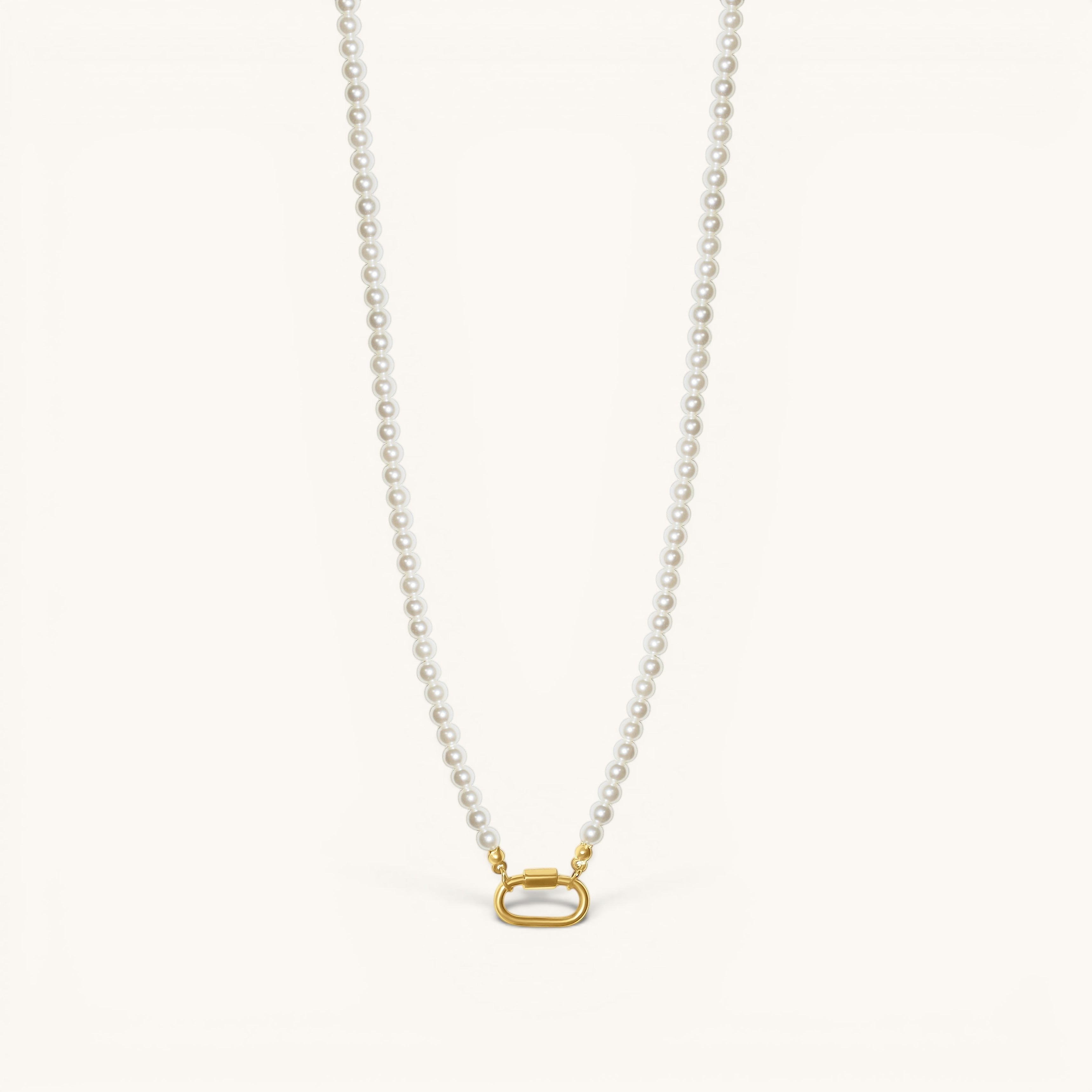 Nadare Co. Classic Pearl Chain necklace with round white imitation pearls and a gold-tone oval clasp charm holder.