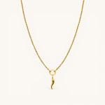 Nadare Co. Cornicello charm necklace featuring a delicate gold horn pendant on a fine cable chain.