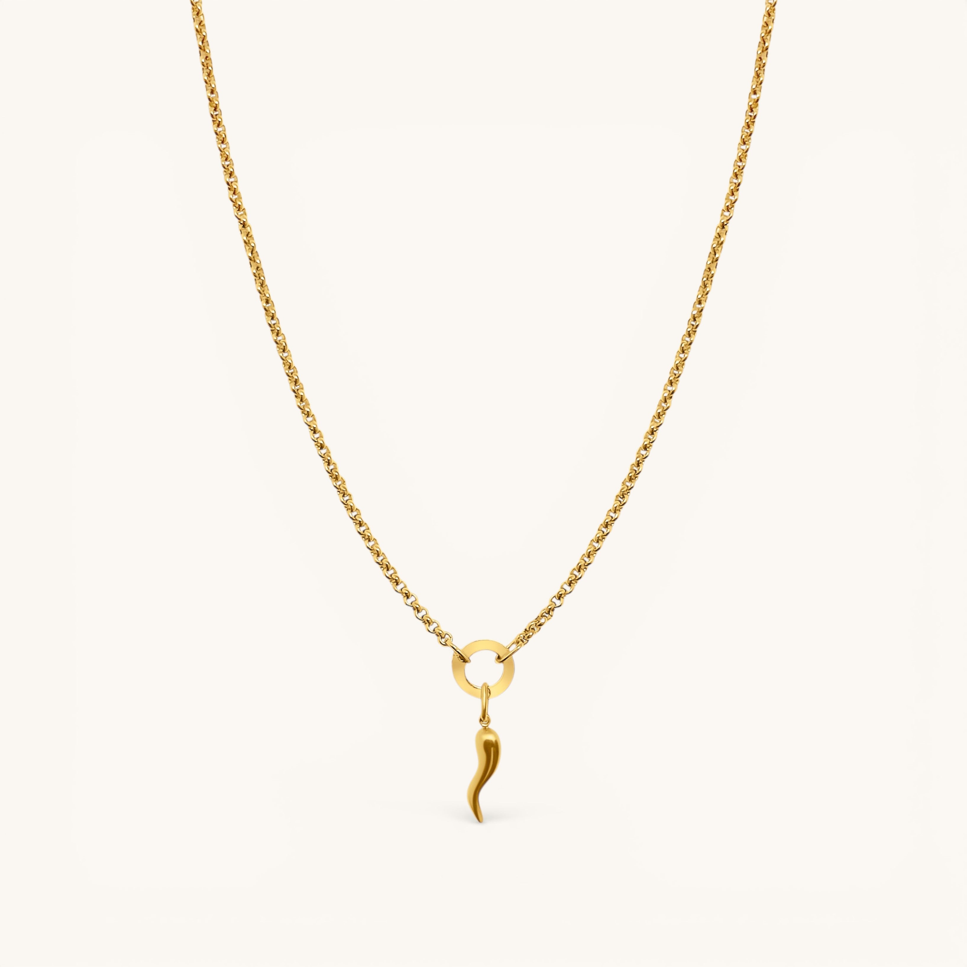 Nadare Co. Cornicello charm necklace featuring a delicate gold horn pendant on a fine cable chain.