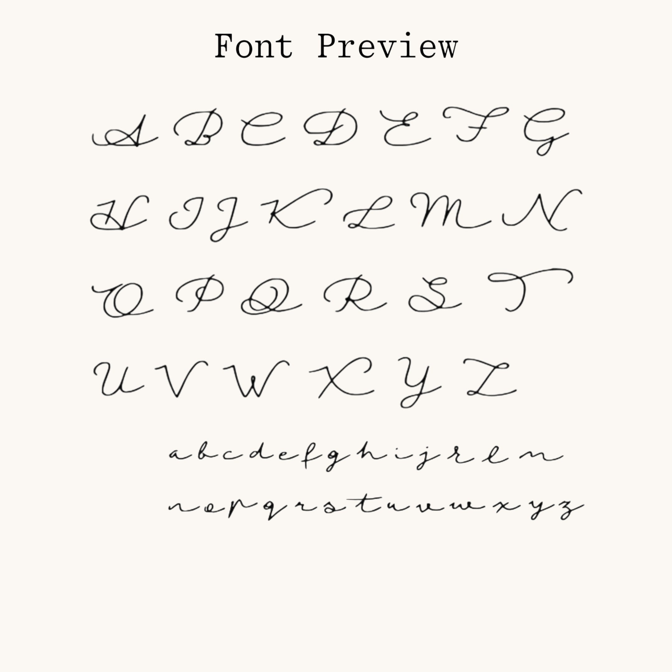 Elegant cursive font preview for custom Nadare Co. name necklaces, featuring uppercase and lowercase letters.
