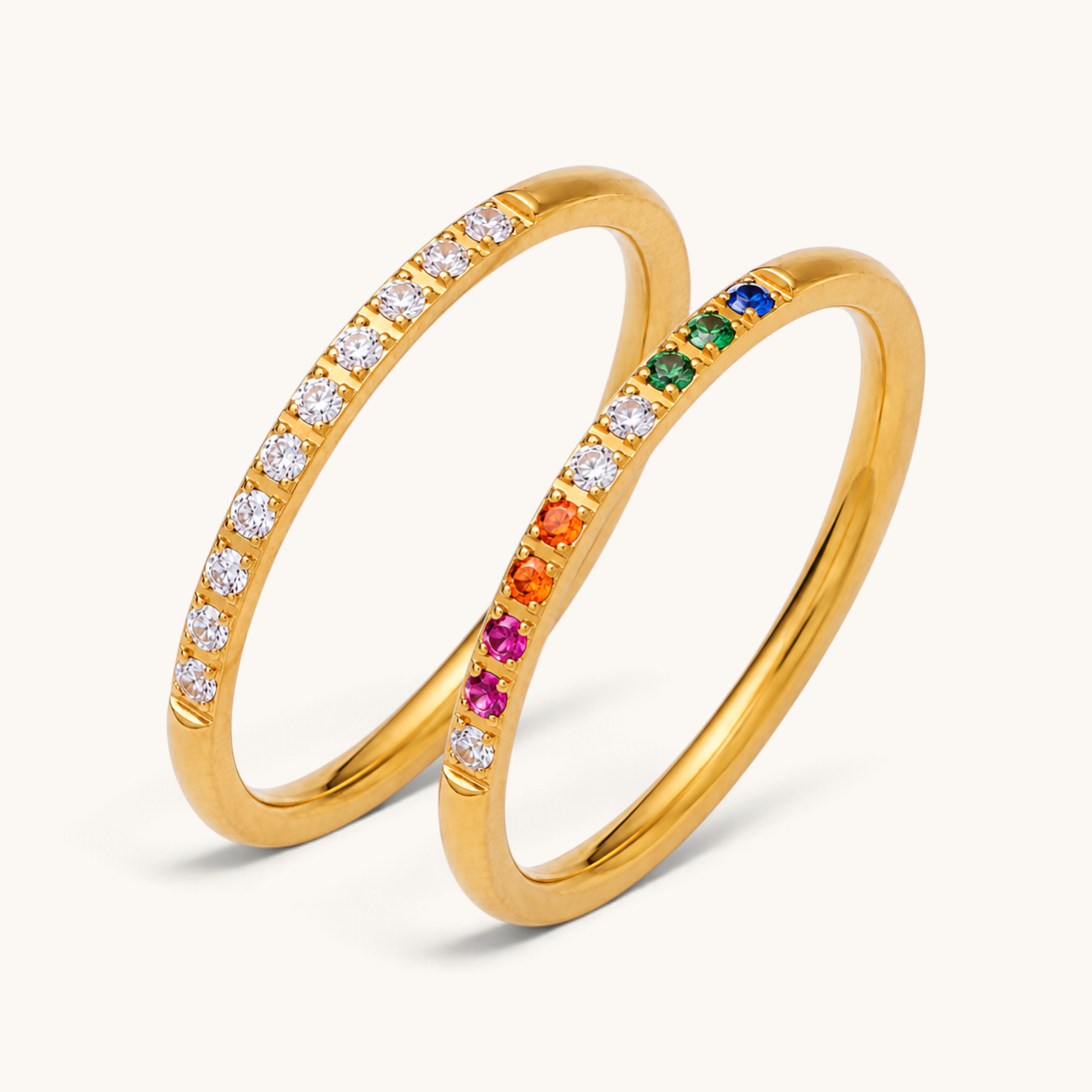 Nadare Co. Evie Ring set in gold stainless steel with clear and rainbow cubic zirconia stones
