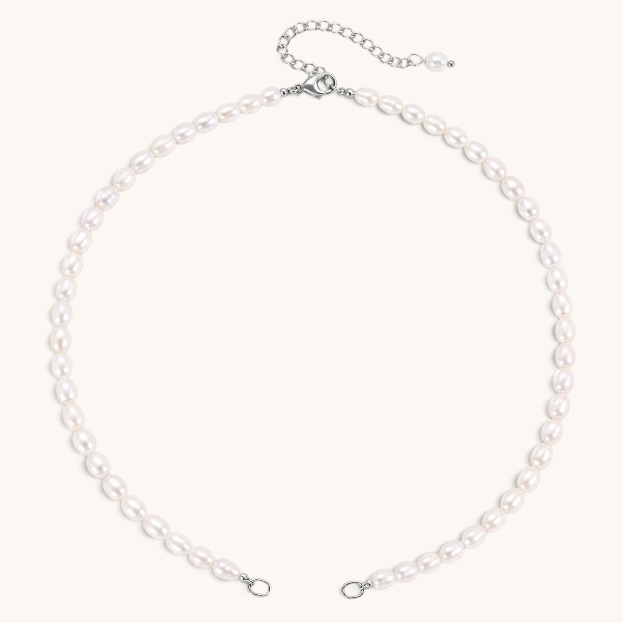 Nadare Co. freshwater pearl chain necklace with silver clasp and adjustable extender for charms.