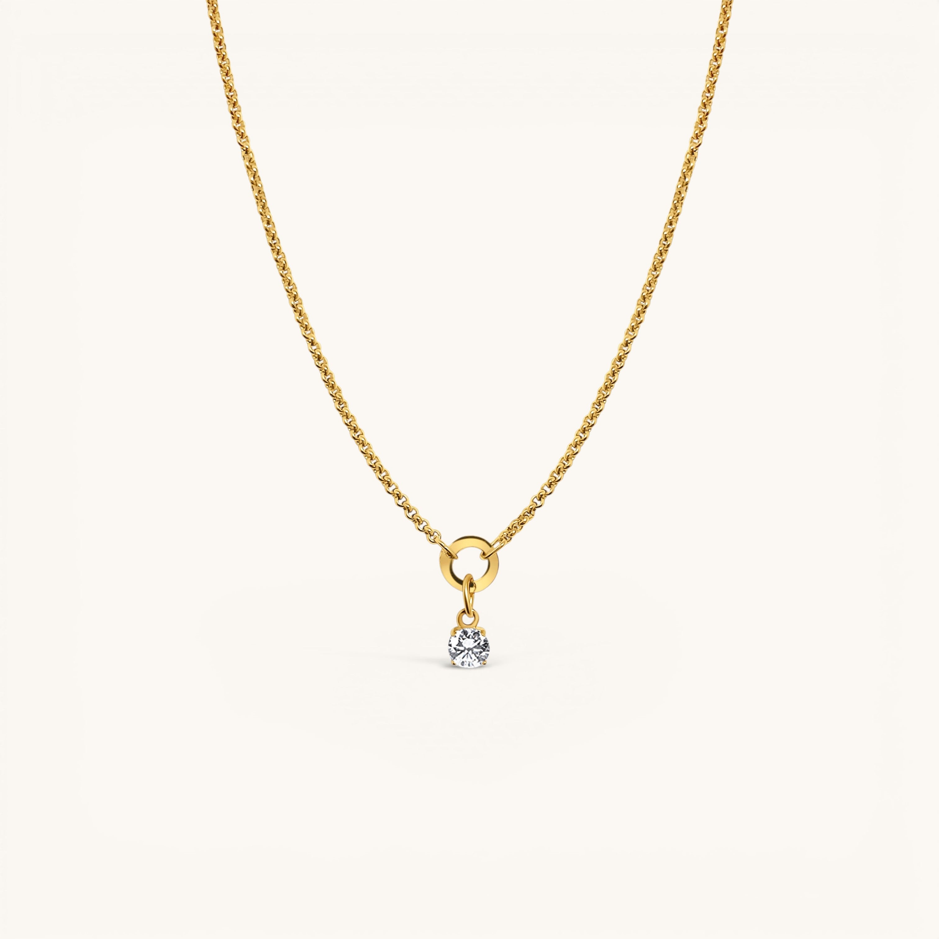 Nadare Co. gold-plated stainless steel round birthstone charm necklace with a sparkling cubic zirconia stone.