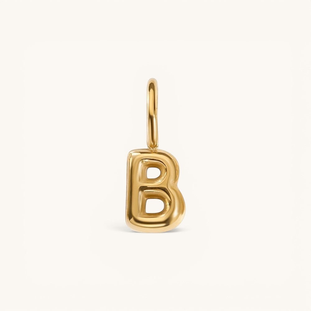 Nadare Co. gold-plated stainless steel bubble letter B charm with a rounded, puffed design for necklace layering.