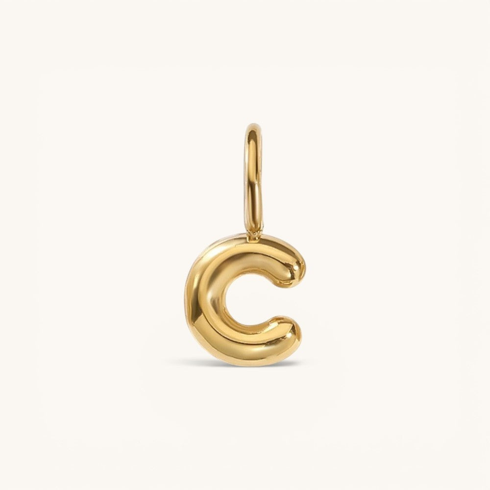 Nadare Co. gold-plated stainless steel bubble letter C charm with a rounded, puffed design for necklace layering.