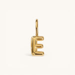 Nadare Co. gold-plated stainless steel bubble letter E charm with a rounded, puffed design for necklace layering.
