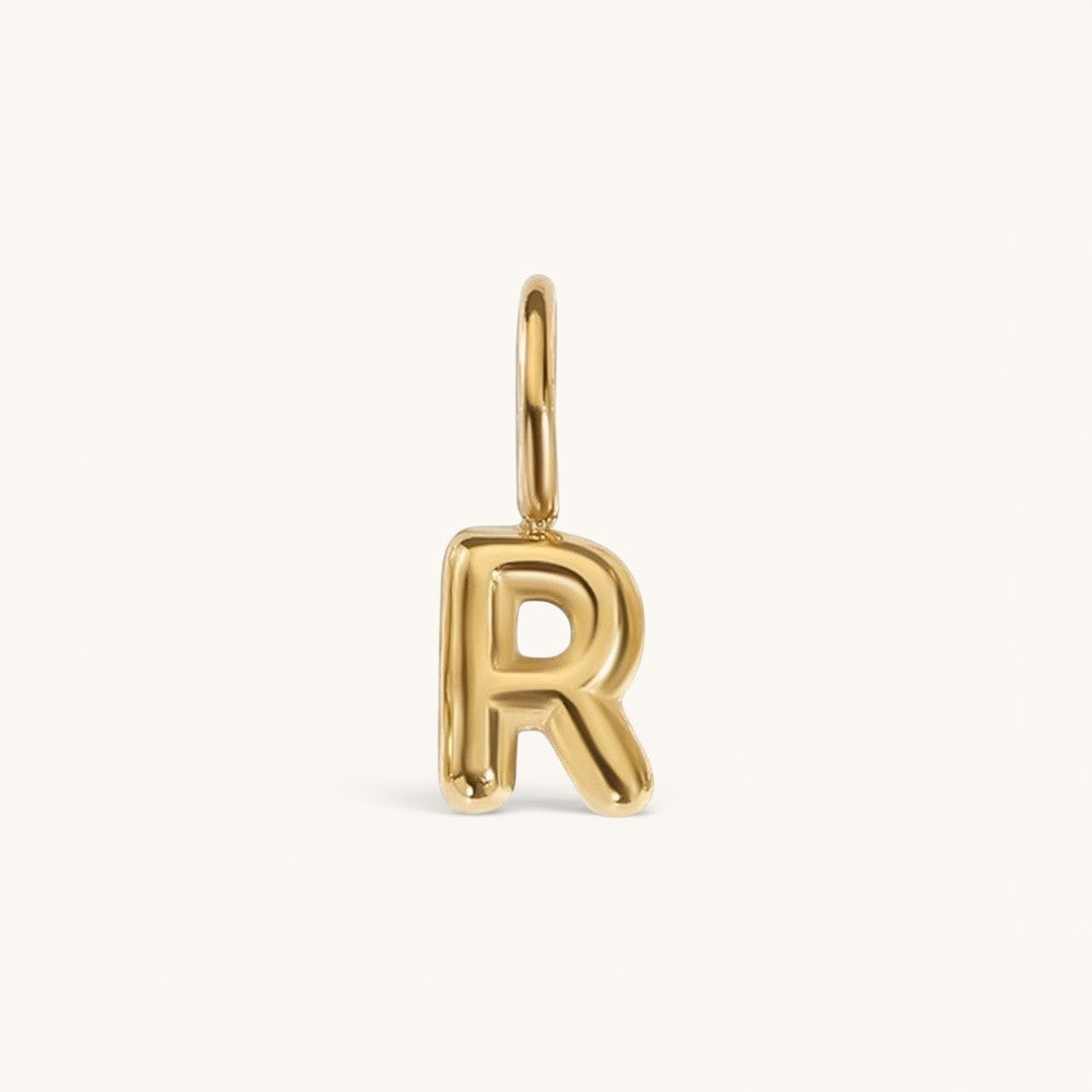 Nadare Co. gold-plated stainless steel bubble letter R charm with a rounded, puffed design for necklace layering.