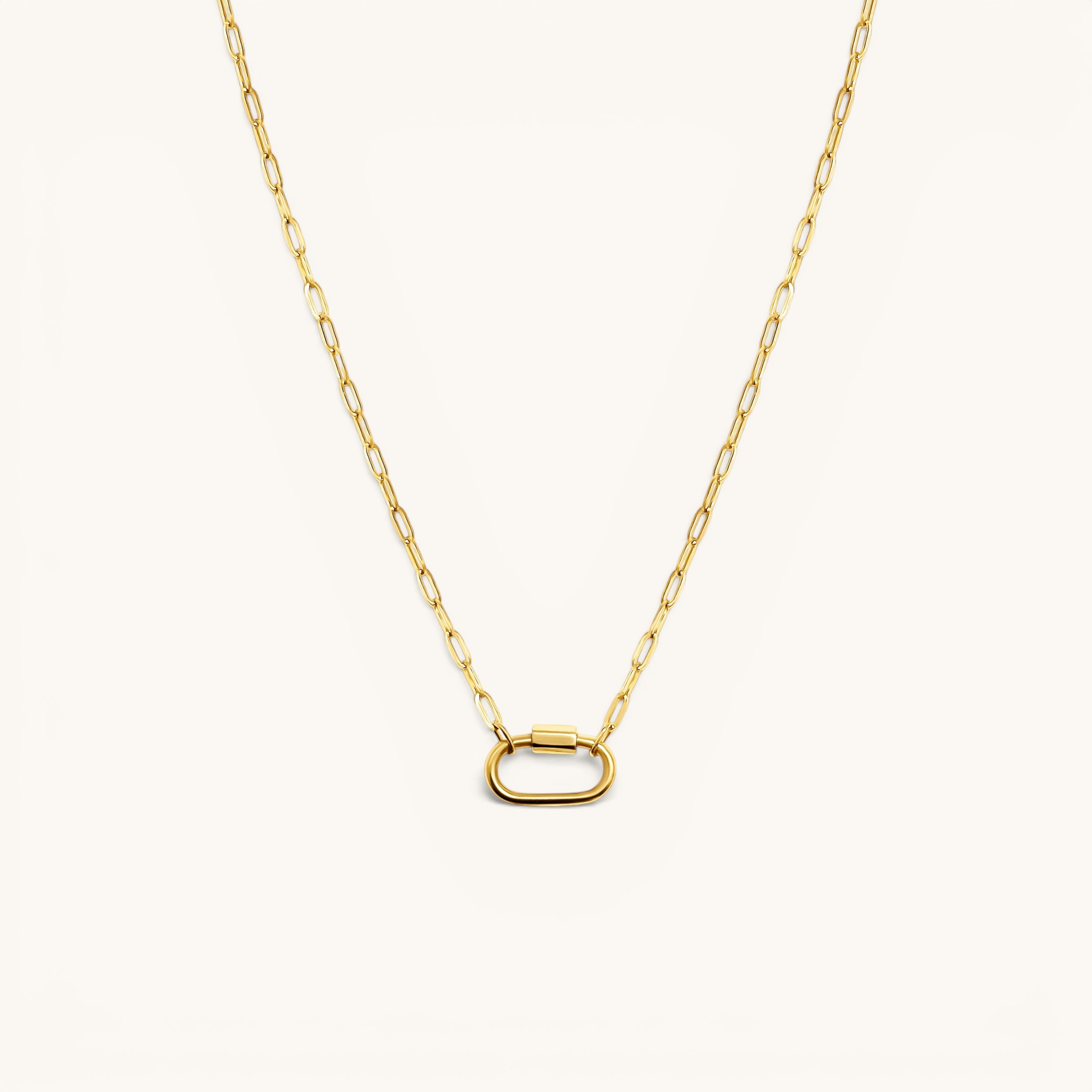 Nadare Co. gold chain necklace featuring a small oval carabiner clasp for adding charms.