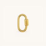 Nadare Co. small gold carabiner clasp for charm necklaces with a modern oval shape and secure screw-lock mechanism.
