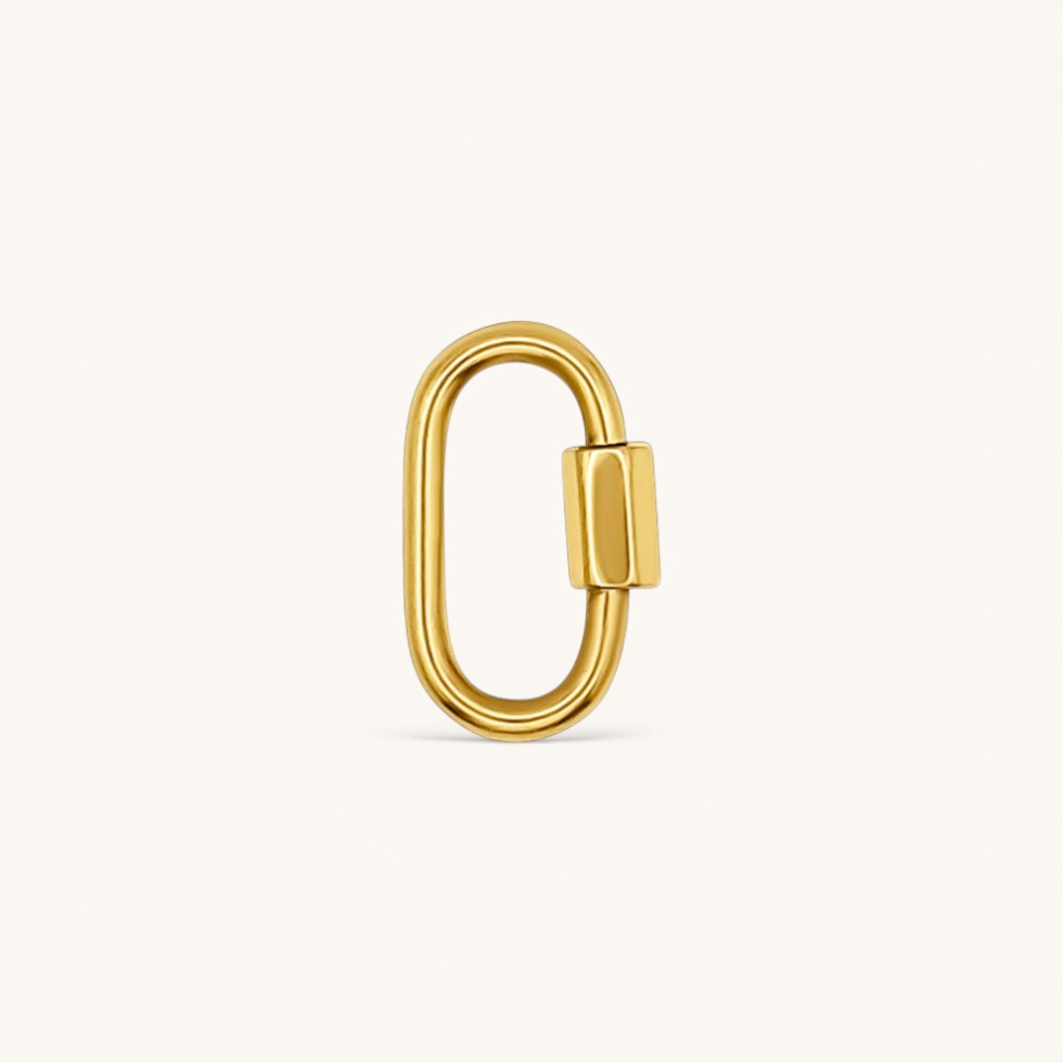 Nadare Co. small gold carabiner clasp for charm necklaces with a modern oval shape and secure screw-lock mechanism.