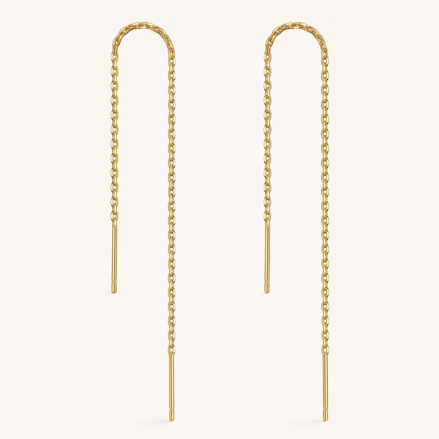 Nadare Co. gold chain threader earrings with a minimalist pull-through design