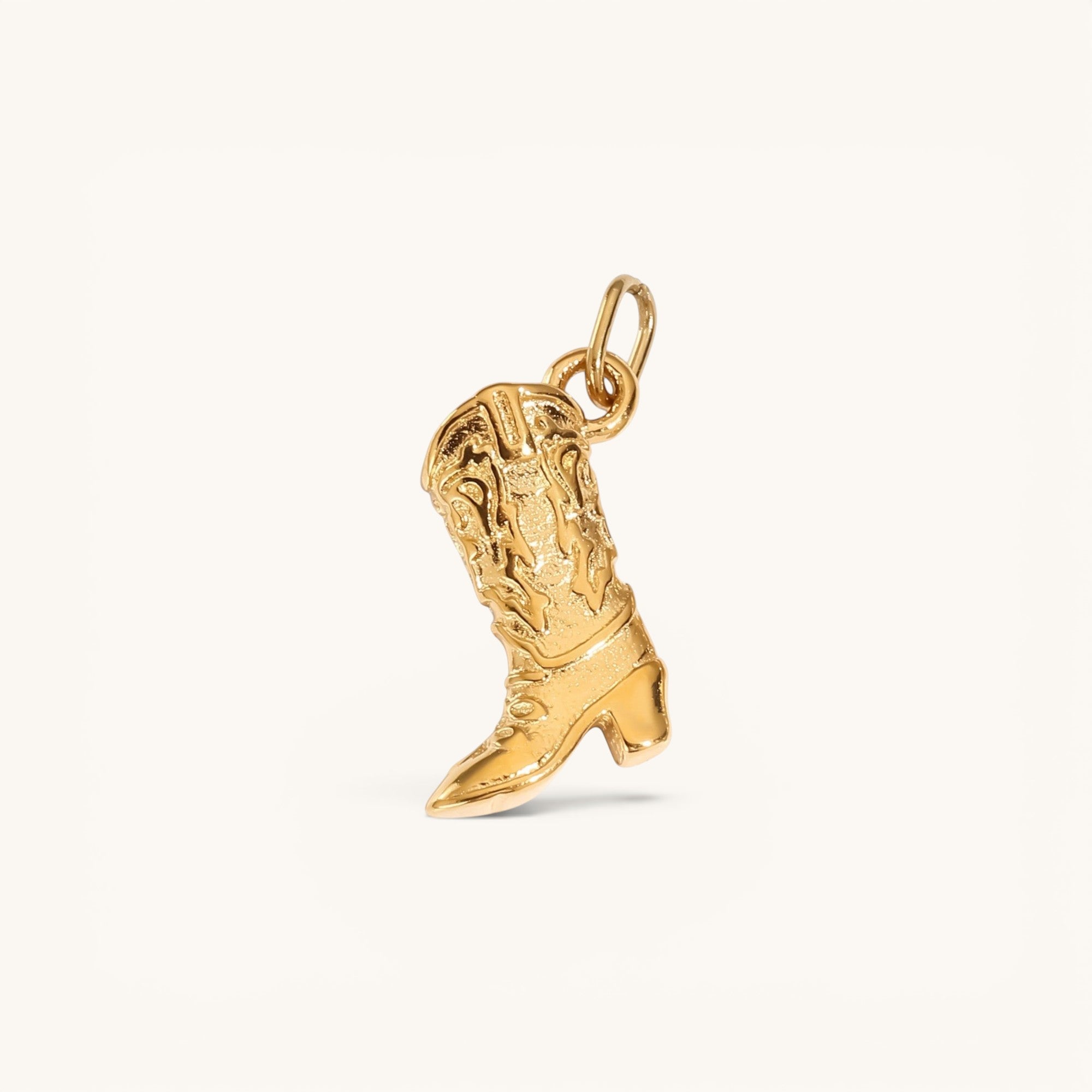 Nadare Co. gold cowboy boot charm with intricate western detailing and a polished finish for a coastal cowgirl look.