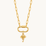 Nadare Co. gold-plated stainless steel elephant charm necklace with a detailed upturned trunk on a link chain.
