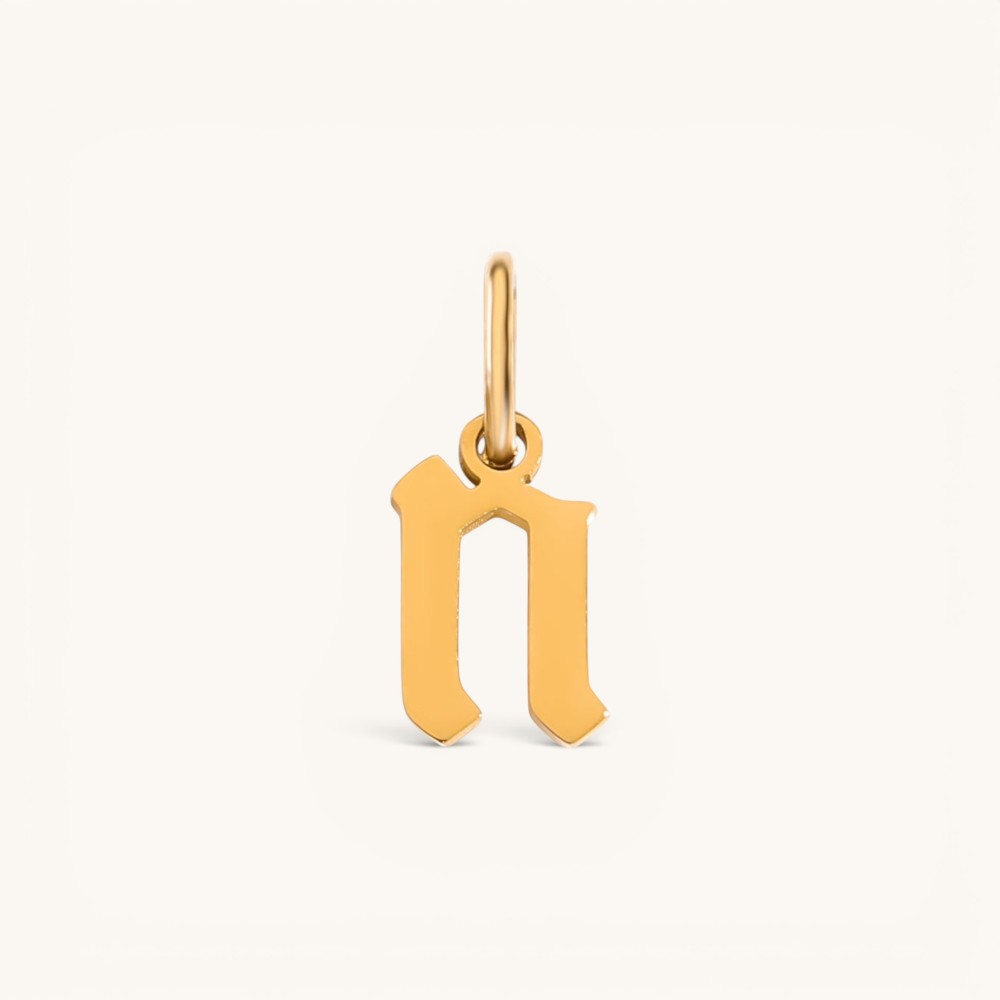 Nadare Co. gold-plated stainless steel gothic letter n charm with a classic old-English font design.