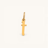Nadare Co. gothic letter T charm in 14k gold plated stainless steel with sharp edges and old-English style