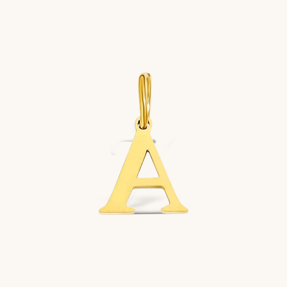 Nadare Co. gold-plated stainless steel initial charm featuring a classic serif letter A for necklace layering.