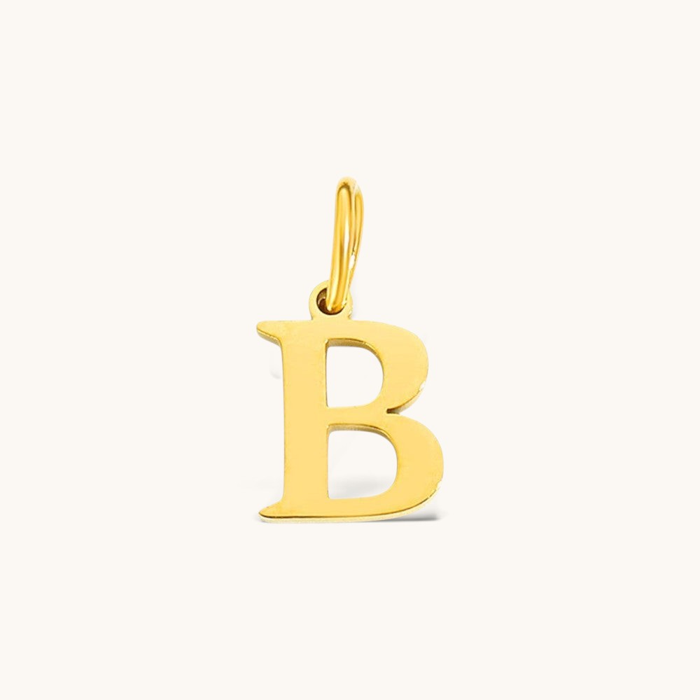 Nadare Co. gold plated stainless steel letter B initial charm with a classic serif font design.