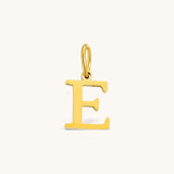 Nadare Co. gold-plated stainless steel letter E charm with a classic serif font for necklace layering.