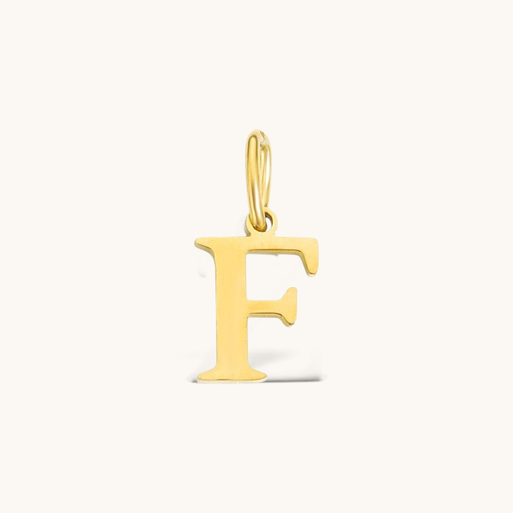 Nadare Co. 14k gold-plated stainless steel letter F initial charm with a classic serif font design.