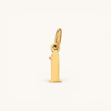 Nadare Co. lower case letter i charm in 14k gold plated stainless steel, side view