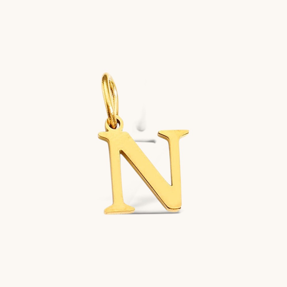 Nadare Co. gold-plated stainless steel letter N initial charm with a classic serif font design.