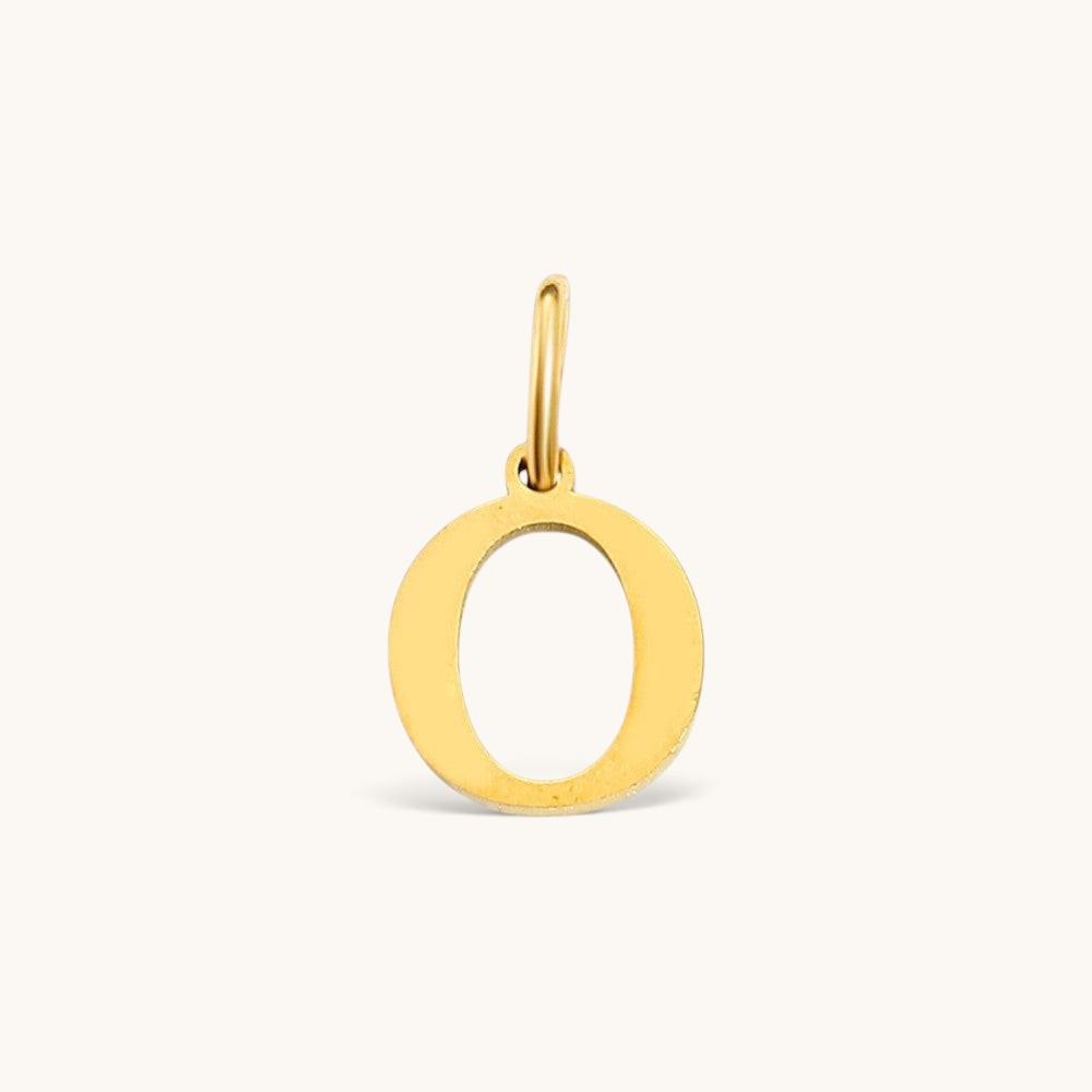 Nadare Co. gold-plated stainless steel letter O charm with a polished serif font design.