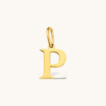 Nadare Co. 14k gold plated stainless steel letter P charm with a classic serif font for necklace layering.