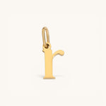 Nadare Co. lower case letter r charm in 14k gold plated stainless steel for everyday layering