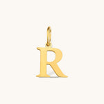 Nadare Co. gold plated stainless steel letter R initial charm with a classic serif font design.