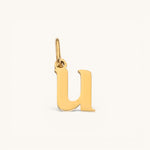Nadare Co. lower case letter u charm in 14k gold plated stainless steel with a polished finish.