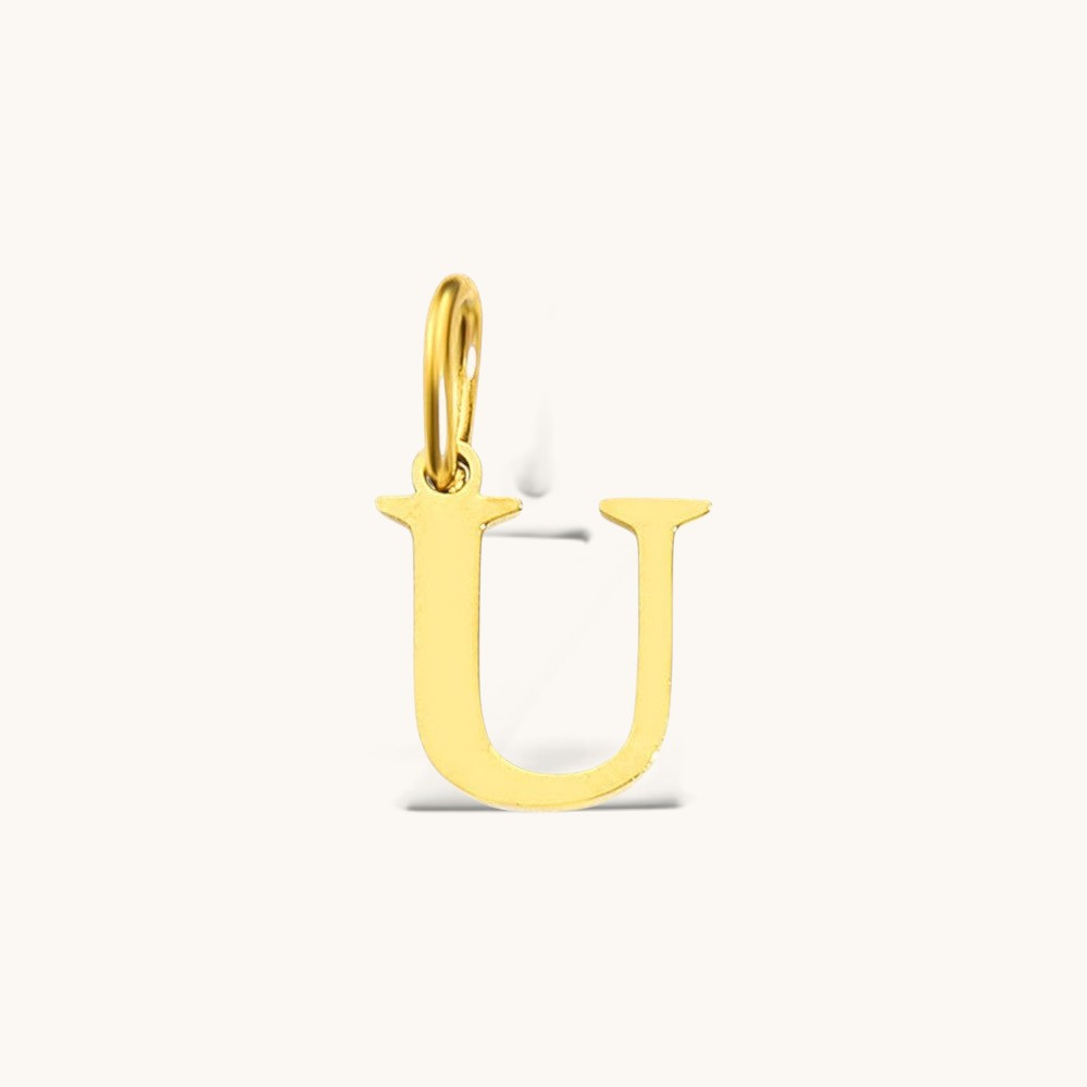 Nadare Co. 14k gold-plated stainless steel letter U initial charm with a clean serif font design.