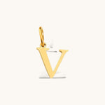 Nadare Co. gold-plated stainless steel letter V initial charm with a classic serif font design.