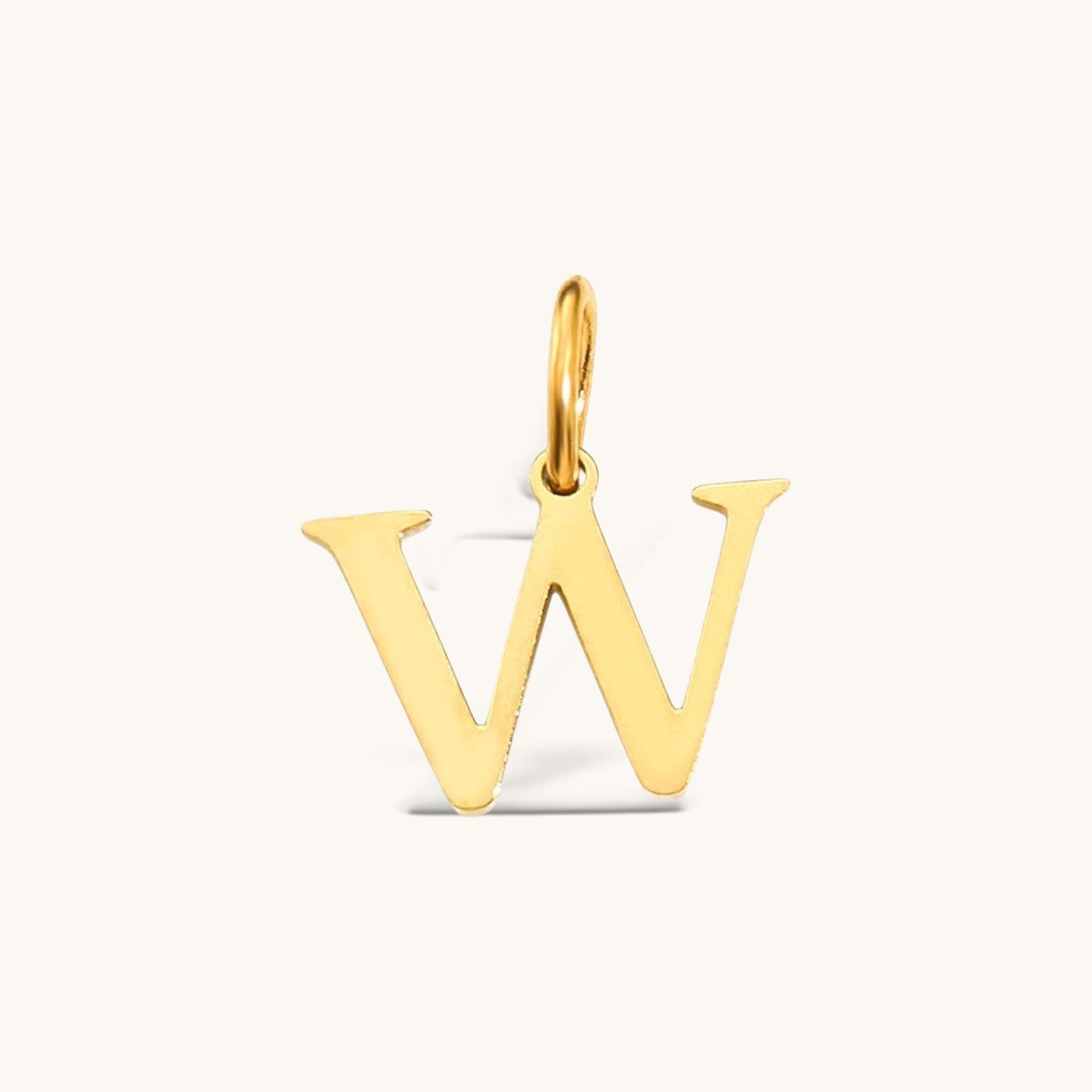 Nadare Co. gold plated stainless steel letter W initial charm with a classic serif font design.