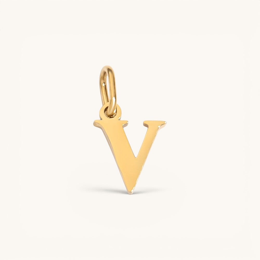 Nadare Co. gold-plated stainless steel lowercase letter V charm for everyday jewelry layering.