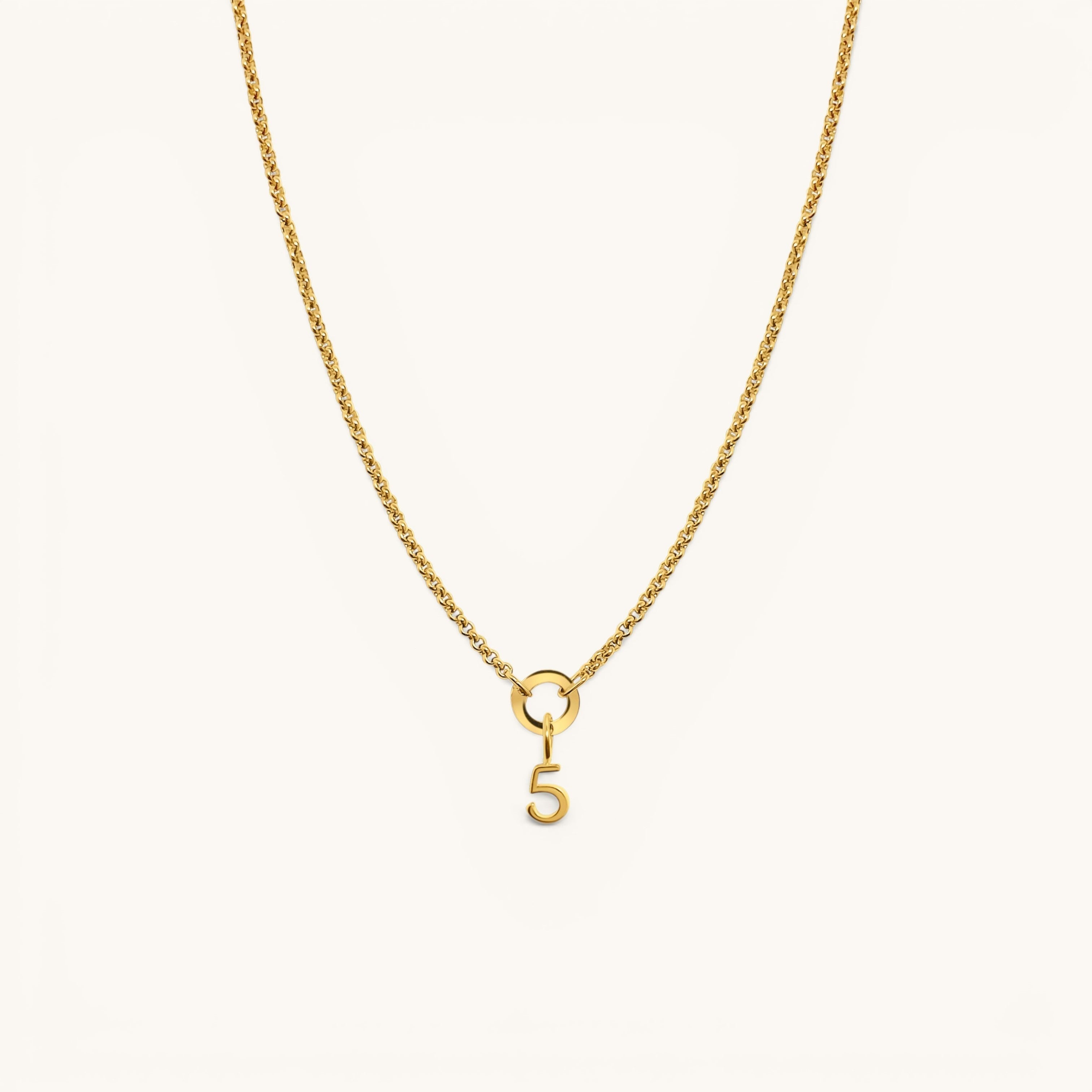Nadare Co. gold plated stainless steel number 5 charm necklace on a delicate chain