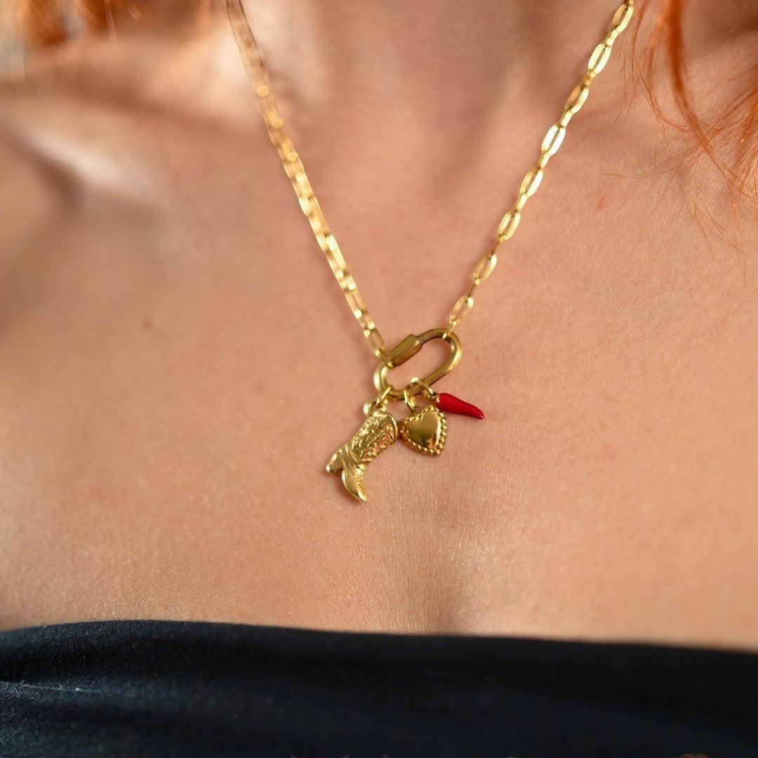 Nadare Co. 14k gold plated oval link chain necklace featuring a cowboy boot, heart, and red chili pepper charm.