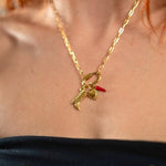 Nadare Co. 14k gold plated oval link chain necklace featuring a cowboy boot, heart, and red chili pepper charm.